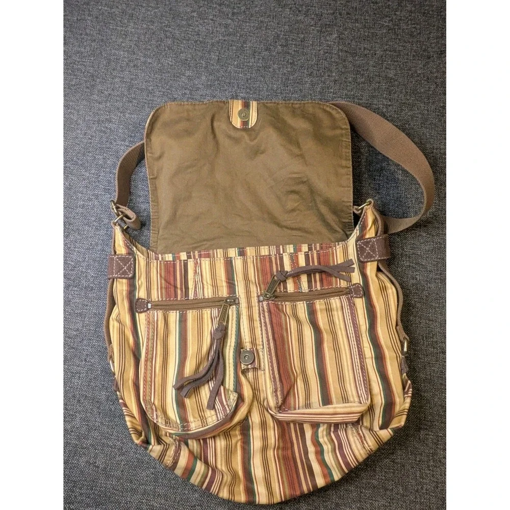 Vintage Fossil Crossbody Bag Multicolor Pockets Striped Boho Canvas Strap Purse